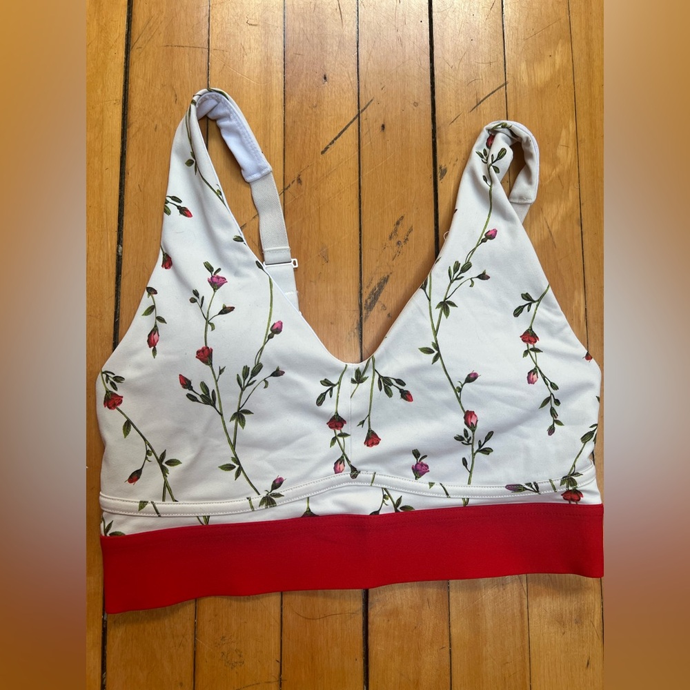 Fabletics Red and White Floral Sports Bra with Romantic Design